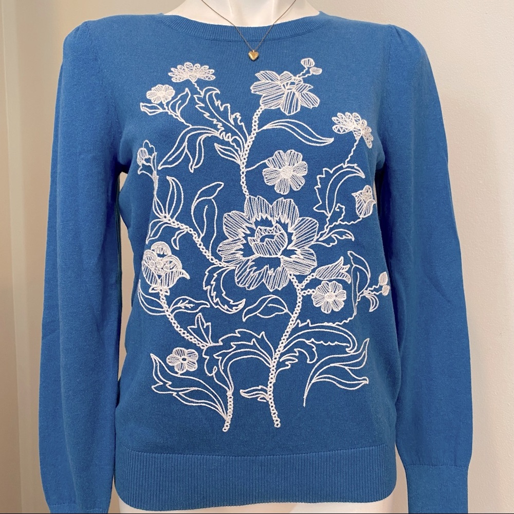 LOFT blue floral embroidered sweater